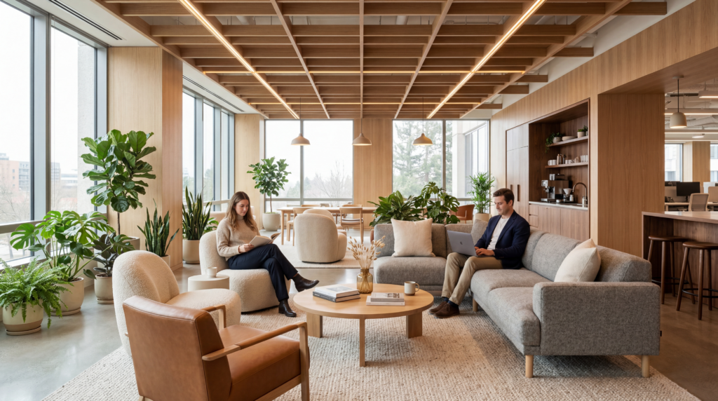 Office lounge with timber slat ceiling, grey sectional sofa, round chairs and a wall of plants