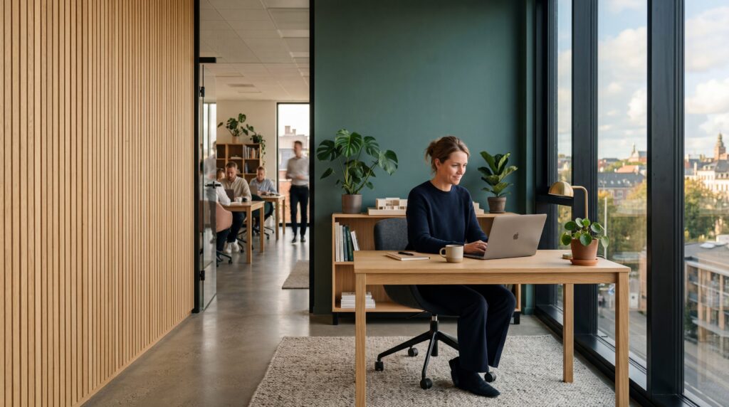 Private office with a deep green accent wall, oak desk, timber slat partition and a city view