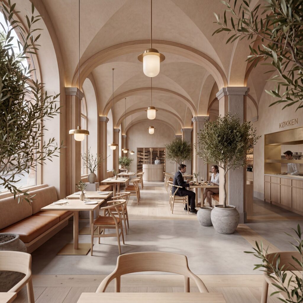 Restaurant i nordisk minimalistisk stil med hvælvet loft og åbent køkken – 3D Poly.