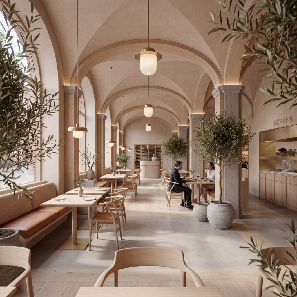 3D visualisation of Nordic restaurant interior with vaulted ceilings, olive trees and open kitchen