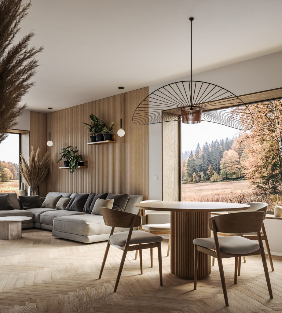 3D visualisation of an open-plan living and dining room with timber-slat wall, herringbone parquet floor, grey sofa, round oak dining table, Vertigo pendant and autumn forest view.