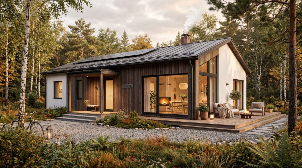 3D-visualisering af arkitekthus i mørkt træ og hvid puds med solceller, brændeovn i stuen, bålterrasse med lænestol og hygge i efterårsskov.