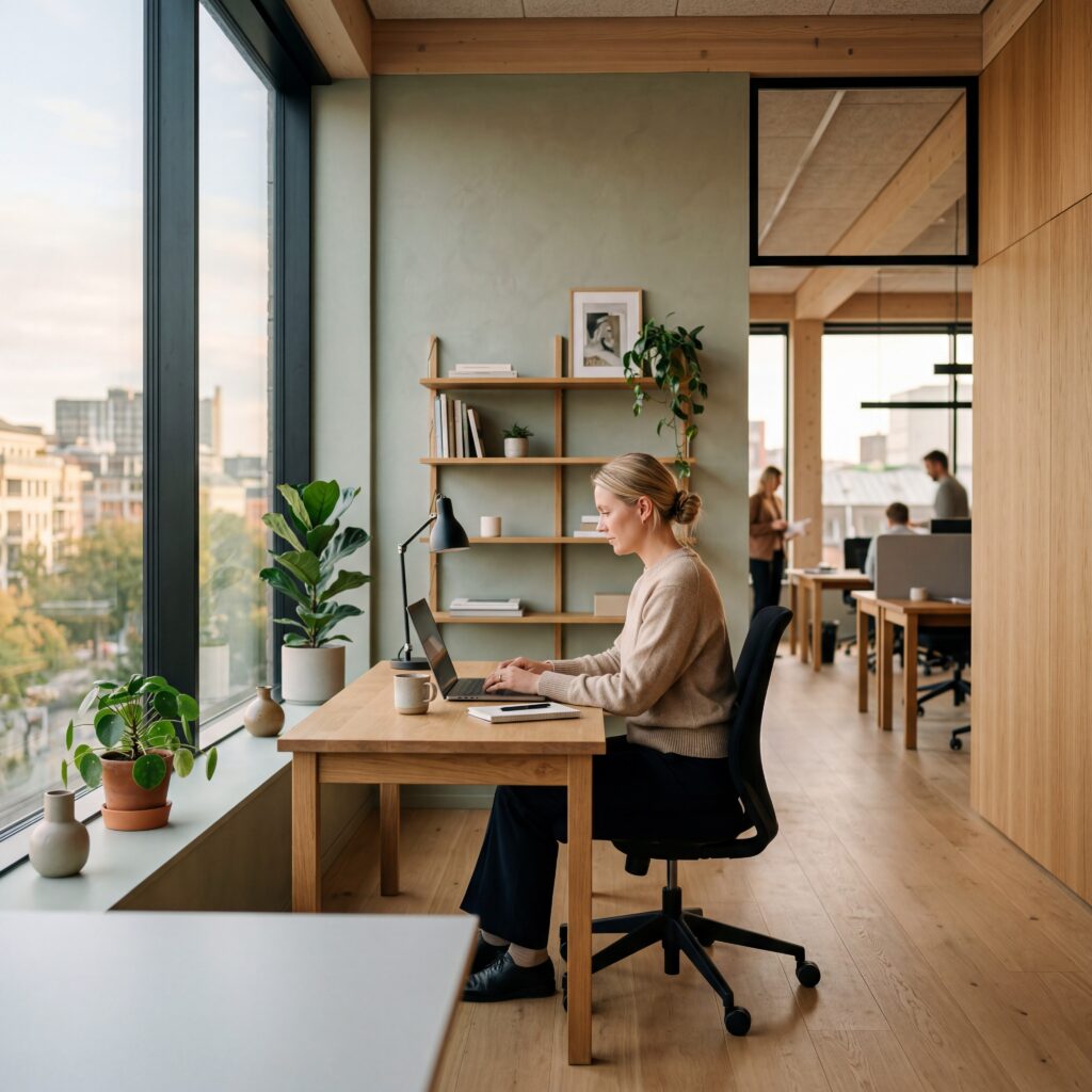 3D visualisation of an individual workstation with sage-green plaster wall, oak desk, plants, bookshelf, a woman at a laptop and colleagues in the background plus a city view.