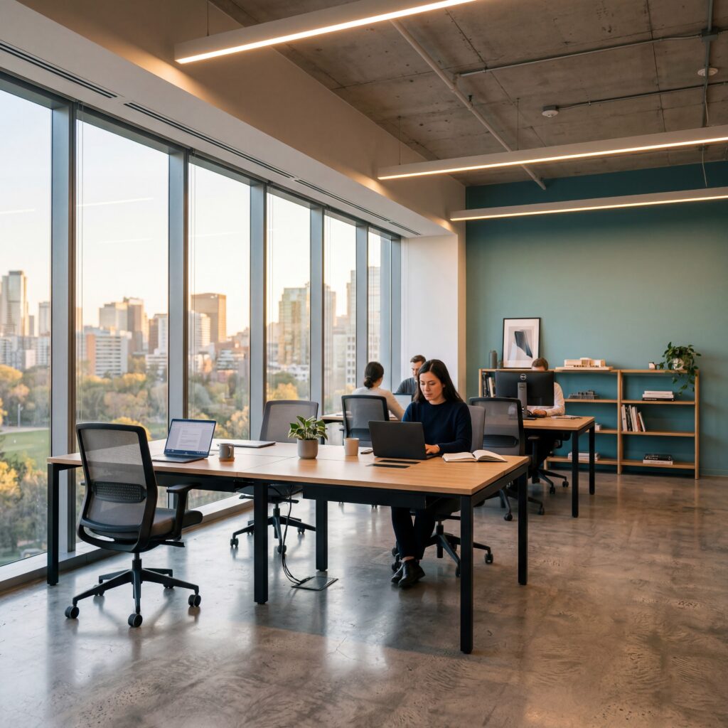 3D-visualisering af industrikontor med råt betonloft, teal accentvæg, sorte bordben, medarbejdere ved laptops og stor skyline-udsigt gennem høje vinduer.