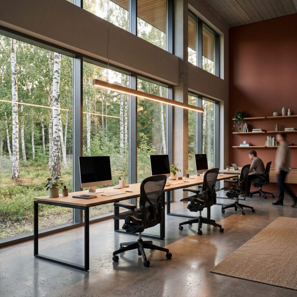3D visualisering af åbent kontormiljø med tre skriveborde i række, sorte ergonomiske stole, lineær pendel og fuldhøjde vinduer mod birkeskov i skumring.