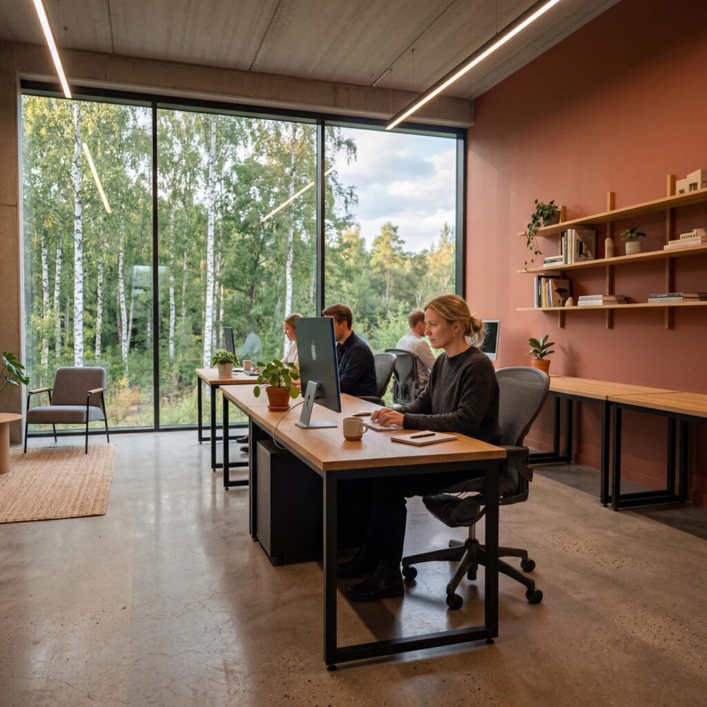 3D visualisering af kontor med flere medarbejdere ved skriveborde, betonloft med lineære LED-armaturer, terracotta-væg og panoramavinduer mod birkeskov.