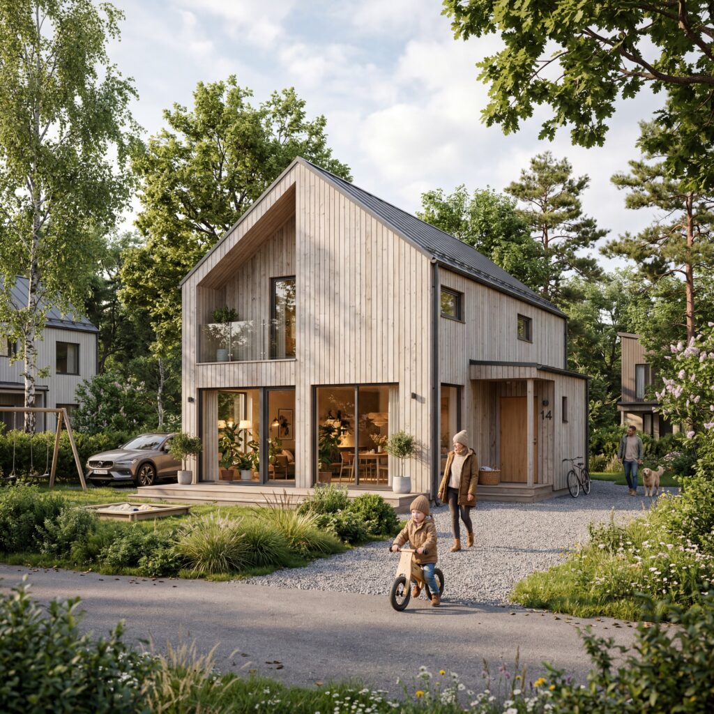 3D-visualisering af lille arkitekttegnet hus i lys pinje med sort sadeltag, bred glasfacade, grusindkørsel, legende barn på balancecykel og familie i skovhave.