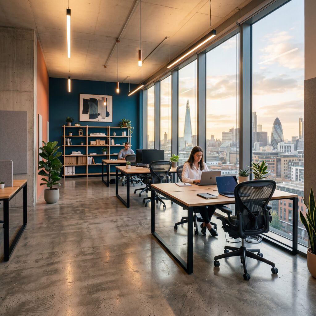 3D-visualisering af moderne kontor med råt betonloft, dyb blå accentvæg, korallfarvet område, kvinde ved laptop og panoramaudsigt over London-skyline med Shard og Gherkin.