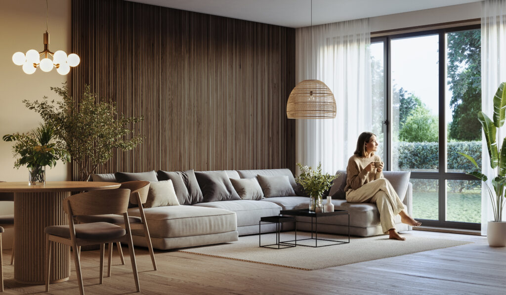 3D-visualisering af moderne stue med mørk trælamelvæg, grå sofa, beige tæppe, pendelkugler, rattanpendel, kvinde ved stor glasdør og haveudsigt.