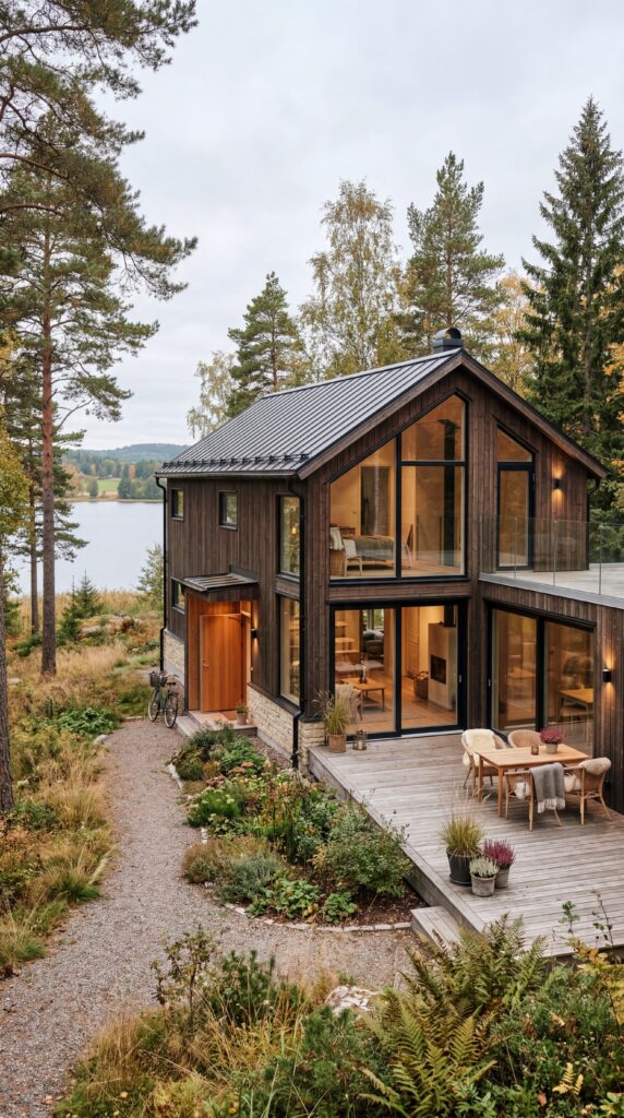 3D-visualisering af mørk trævilla med stor glasgavl, dækterrasse med spisegruppe, søudsigt bag fyrretræer og efterårsstauder i forhaven.