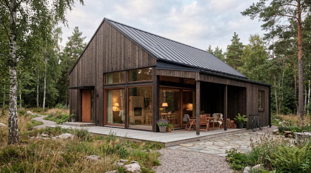 3D visualisation of a dark charred timber house with a black gable roof and large glass facade, stone terrace with outdoor furniture, birch trees and tall natural grasses around the house.