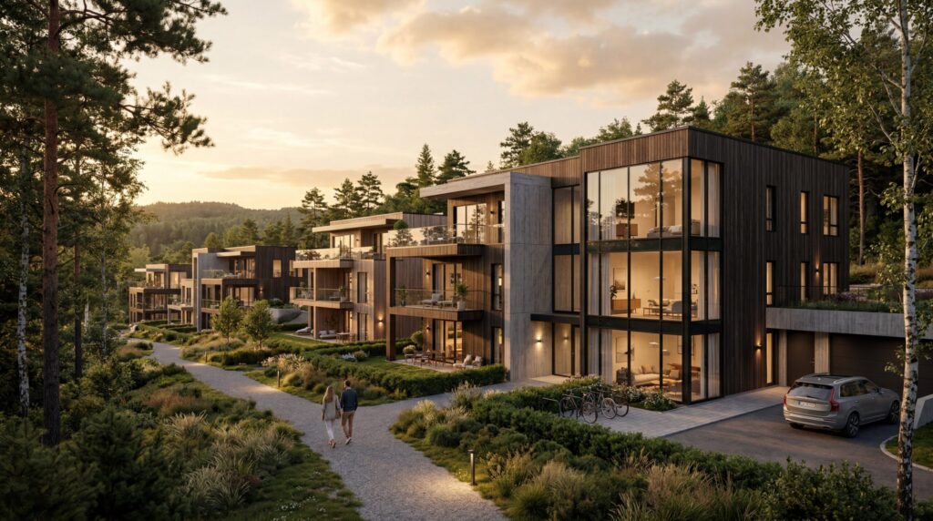 3D visualisation of modern dark-wood townhouses on a forested path at golden hour