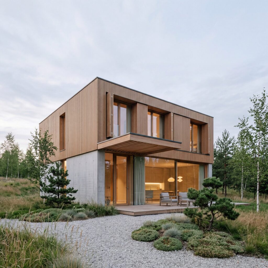 3D visualisation of two-story wooden vacation house with concrete base and bonsai garden