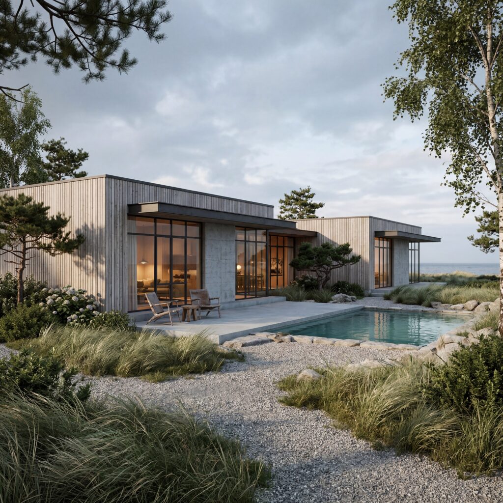 Kystvilla med pool og havudsigt – moderne træfacade og betonbase, 3D Poly.