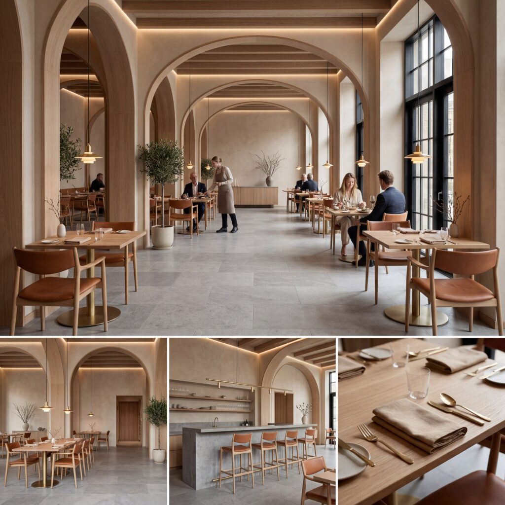 Restaurant i nordisk minimalistisk stil – hovedrum, bar og bordopdækning som detailshots.