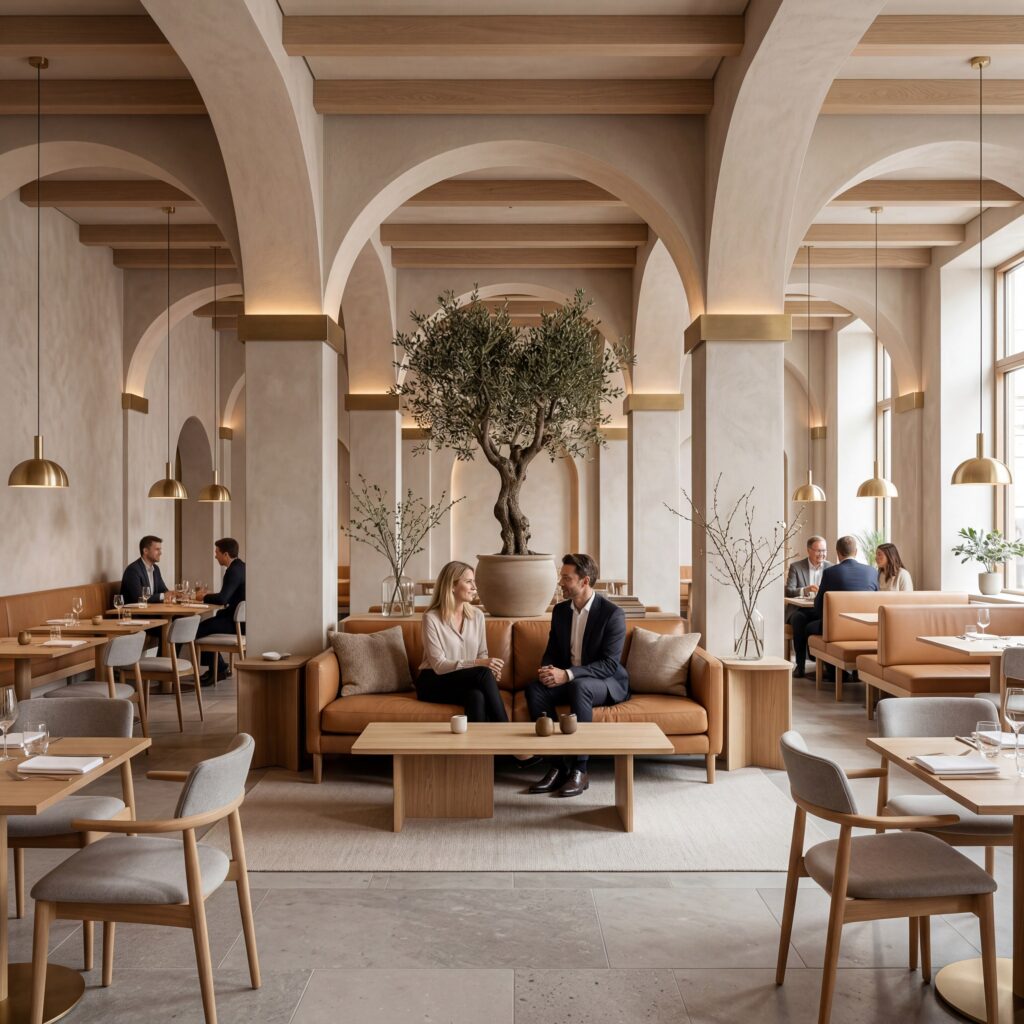 Luksuriøs hotellobby med centralt placeret oliventræ, arkader, messingpendler og loungeområder.