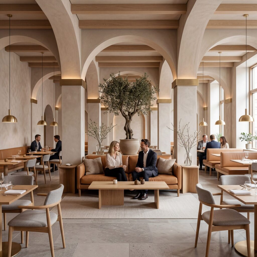 3D visualisation of luxury hotel lobby with tall columns, olive tree centerpiece and leather lounge seating