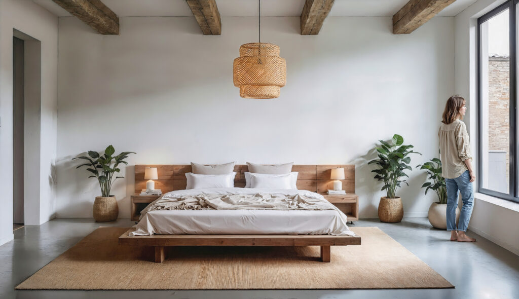 3D visualisation of a calm bedroom with exposed rustic beams, natural sisal rug, wooden platform bed, rattan pendant, bedside tables, plants and a woman by the window.