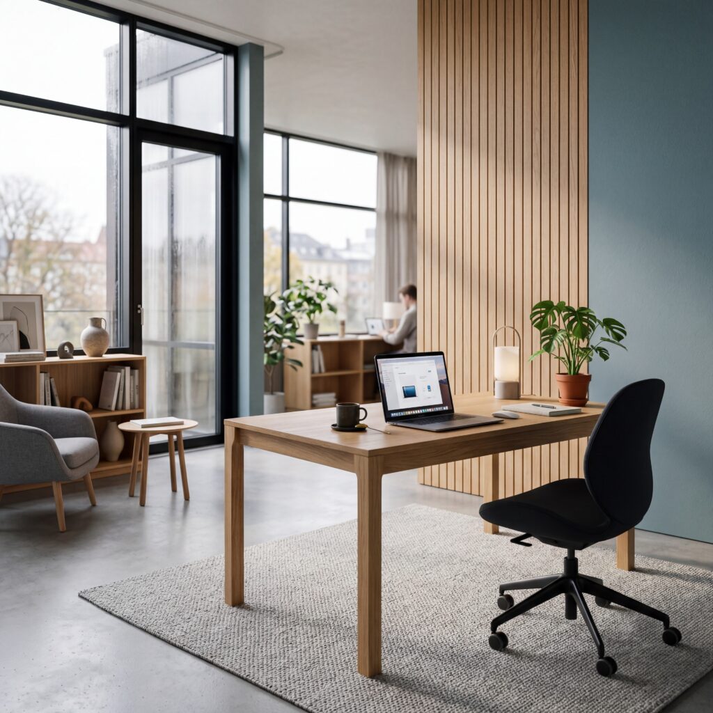 3D visualisation of a refined home office with an oak desk, timber-slat wall, armchair, shelf, black office chair, laptop and large window facing a rainy city view.