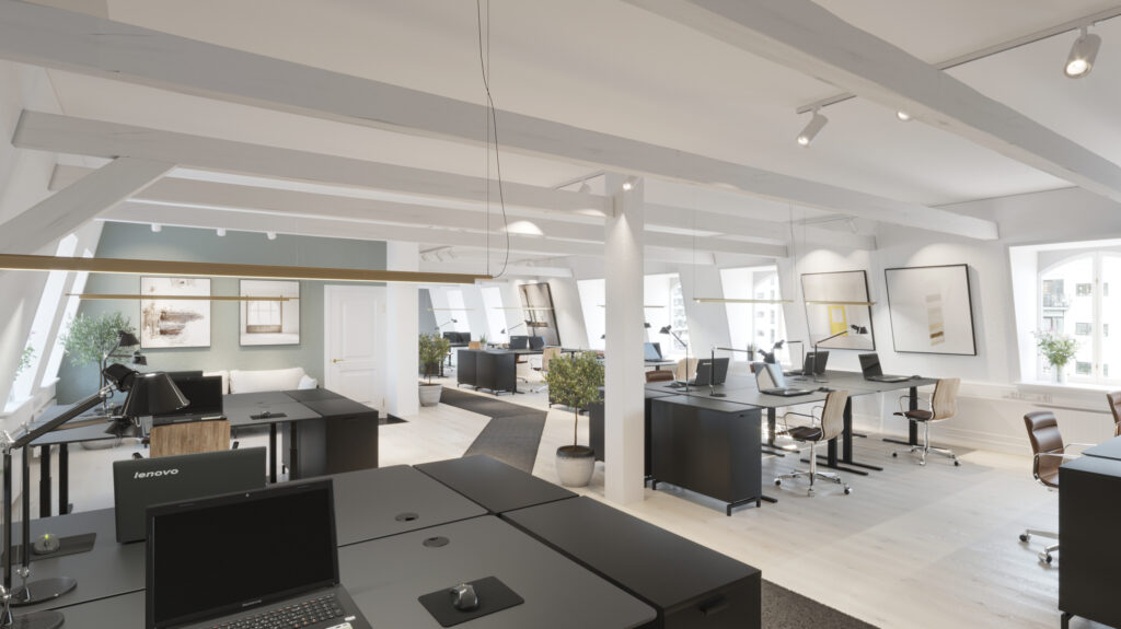 3D visualisation of a large loft office with white-painted beams, white plank floor, black desks, Lenovo laptops, carpet runner and city view through dormer windows.
