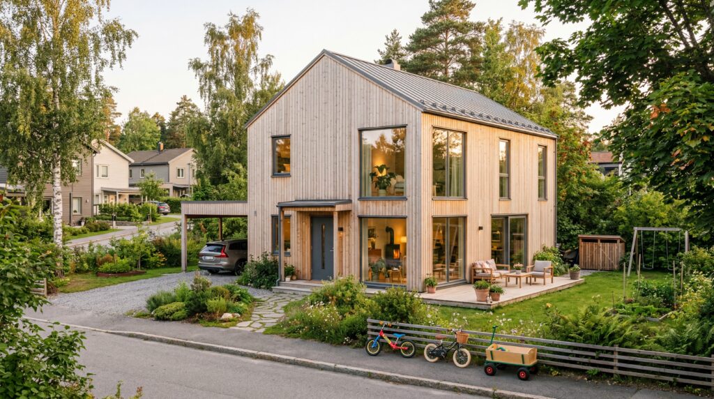 3D-visualisering af toetages pinjevilla med stor glasfacade, carport, terrasse med loungemøbler og børnecykler på vej i nordisk boligkvarter ved solnedgang.